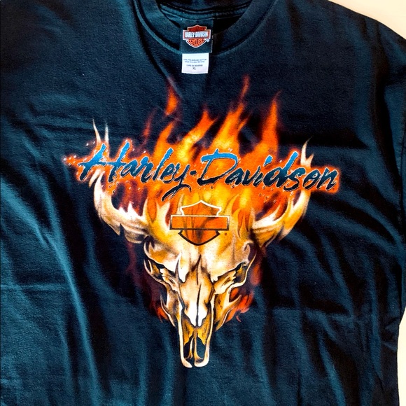 HD Harley Davidson Black Flaming Cow Skull Detroit Men’s XL Short Sleeve T-Shirt - Picture 1 of 10